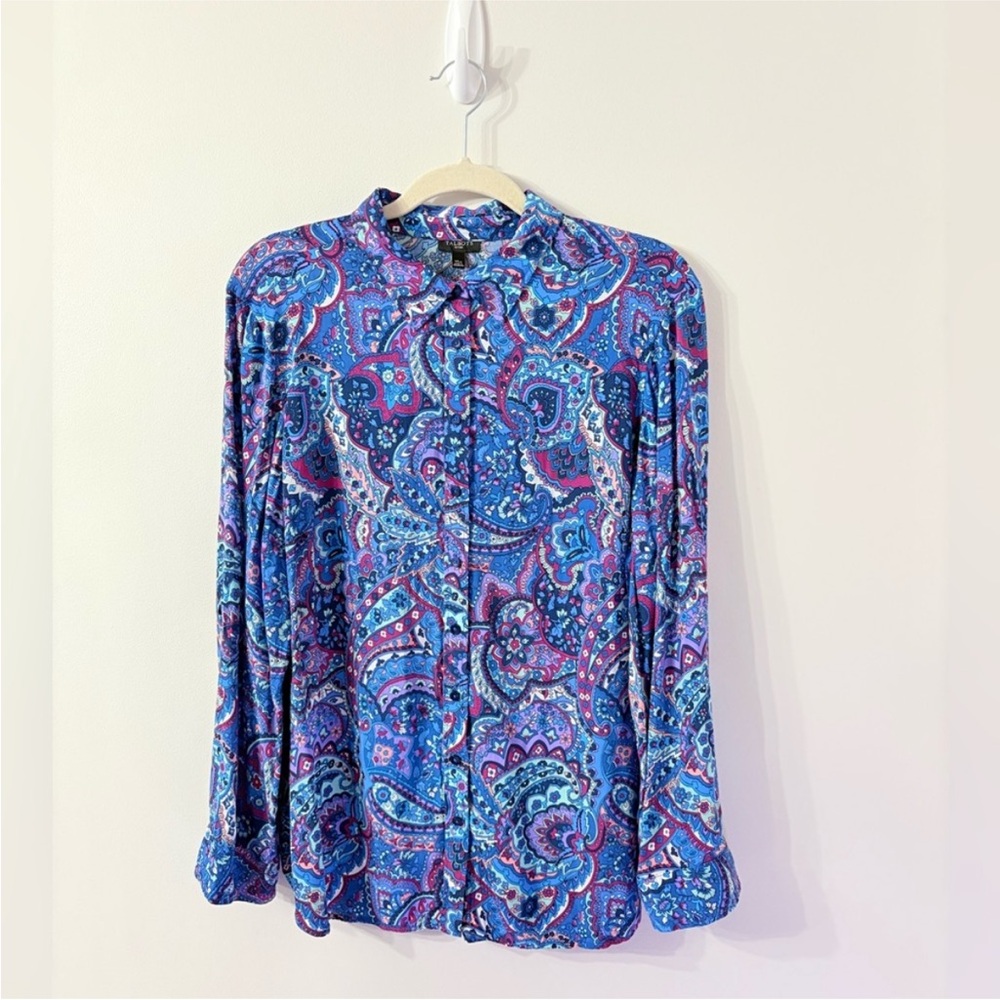 TALBOTS Rayon Blue Aqua Purple Paisley Button Down Blouse